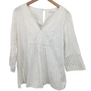Preston & York Linen Blend White Blouse Women’s Size 10 Lace Trim 3/4 Sleeve
